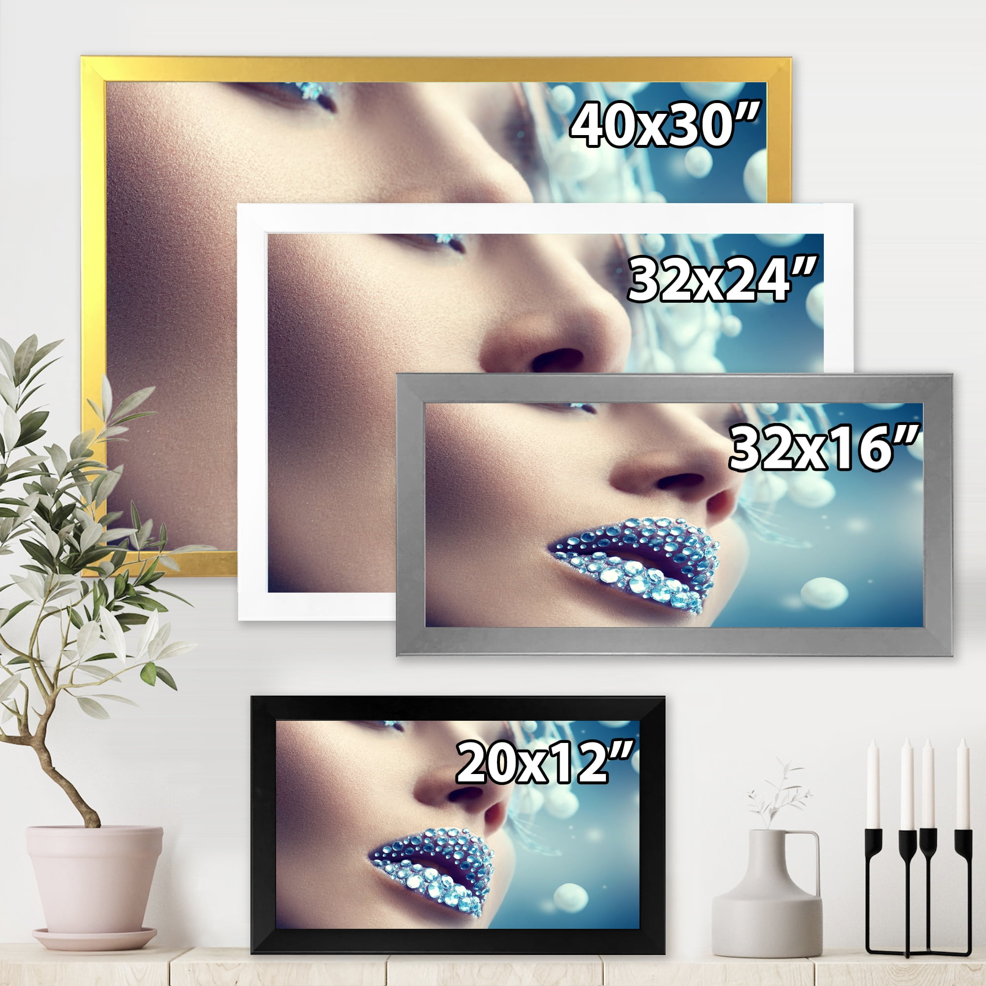 Designart 'Close-Up Of Gems On Female Lips' Modern Framed Art Print