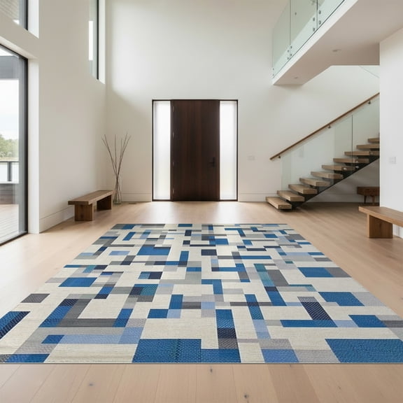 Design&I 8'x10' Washable Area Rug Sleek Flatweave Pet Friendly Blue Grey Abstract Blocks Crisp Interlocking Geometric Design with Edges for King Size Bedroom, Under Bed