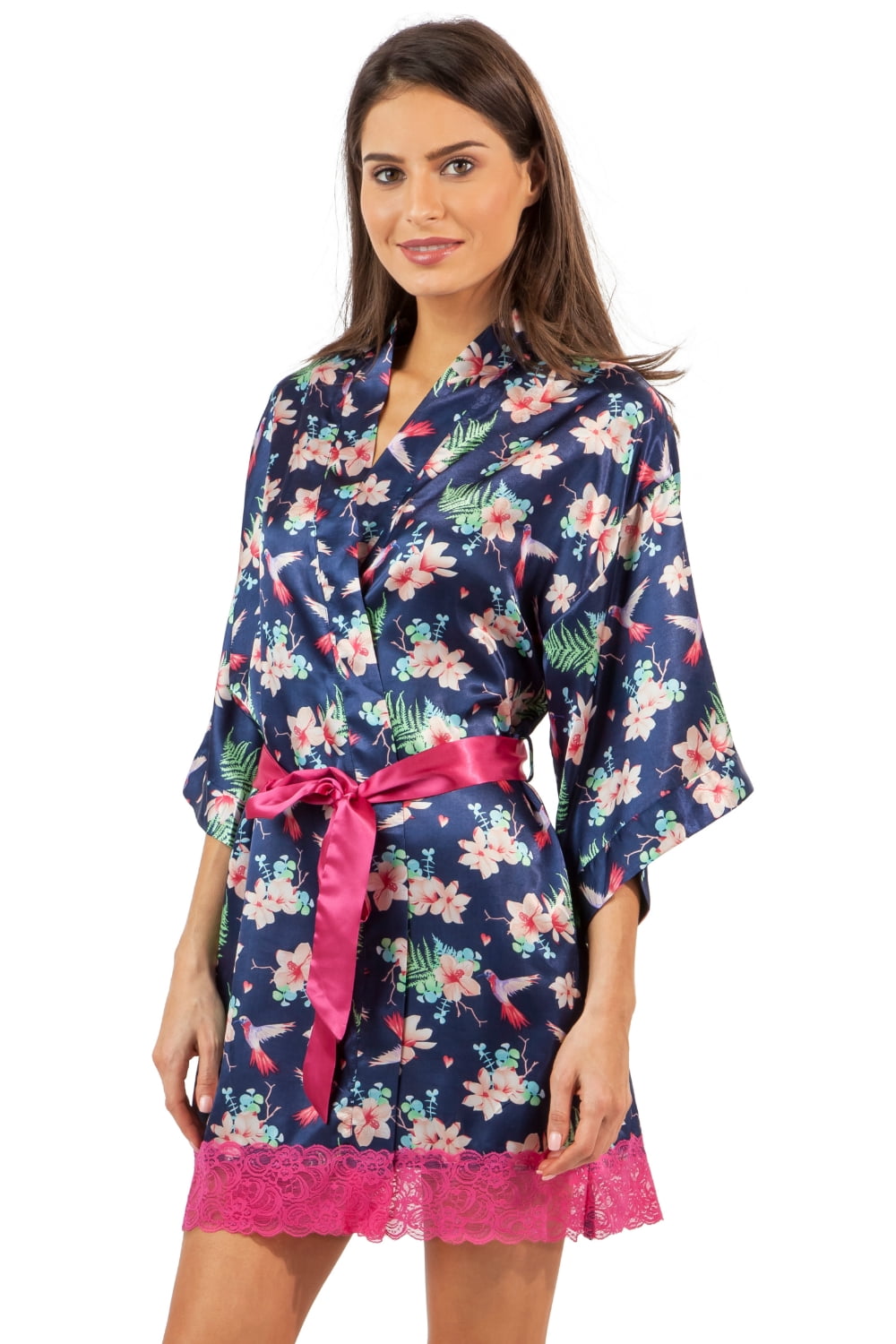 Ashford & Brooks Women's Long Satin Kimono Robe Floral/Solid Lace Lingerie Gown 