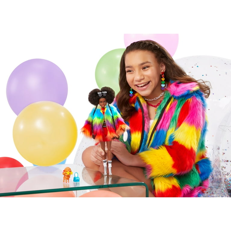 Barbie Extra Fashion Doll with Afro Puffs Shaggy Rainbow Coat Accessories Pet Walmart