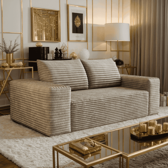 CKEASEAN 63" W Corduroy Boneless Couch, Deep Seat 2-Seater Compression Sofa, Comfy Loveseat Sofa with 2 Throw Pillows, Modern Couches for Living Room, Bedroom, Apartment, No Assembly Required