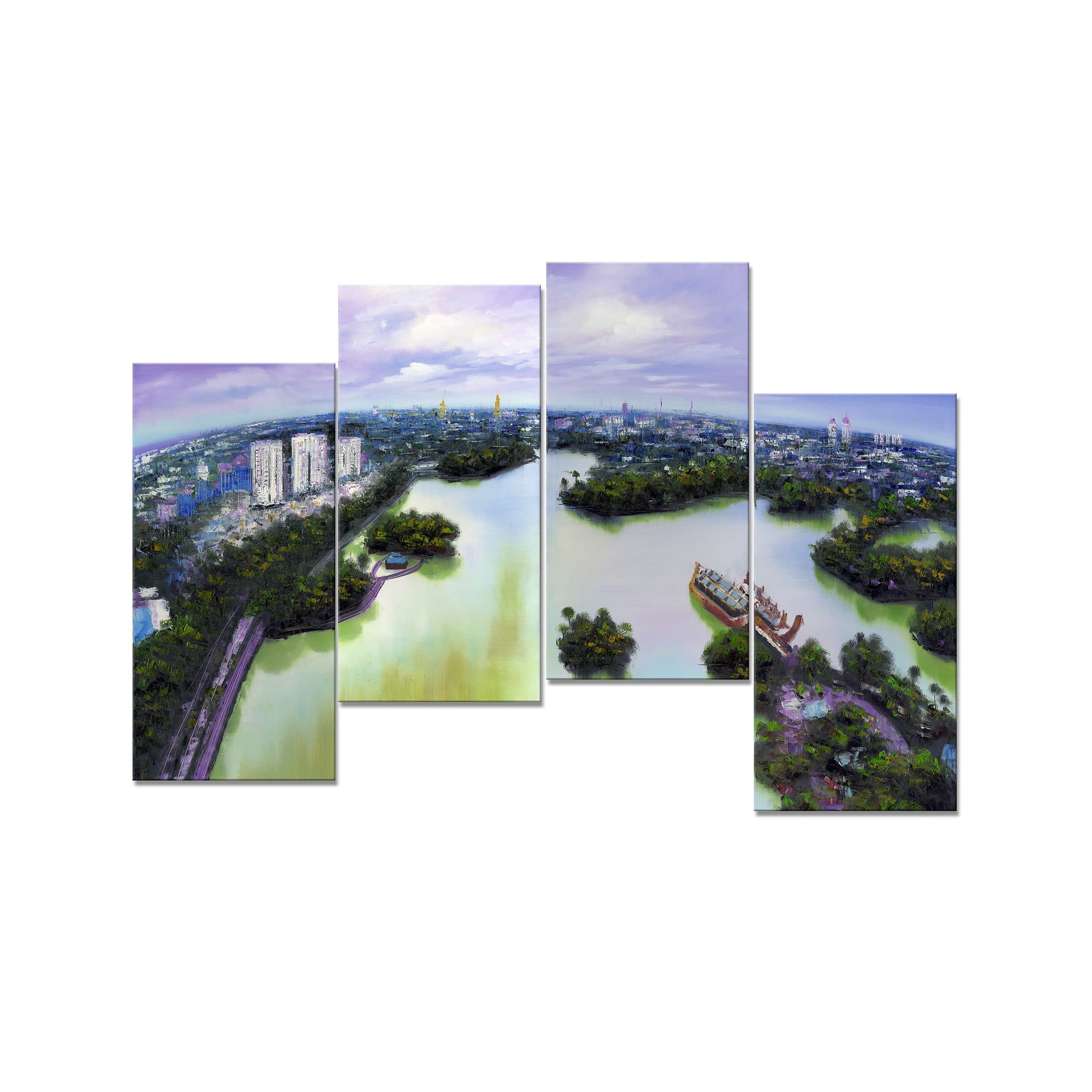 Design Art Asian Cityscape on the Water, 4 Pieces, 48" x 28"