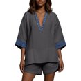 thumbnail image 5 of Delconic Women Bohemian Print V Neck Short Sleeve Top and Split Hem Shorts Two Piece Summer Set for Casual and Daily Wear Gray 2XL, 5 of 7