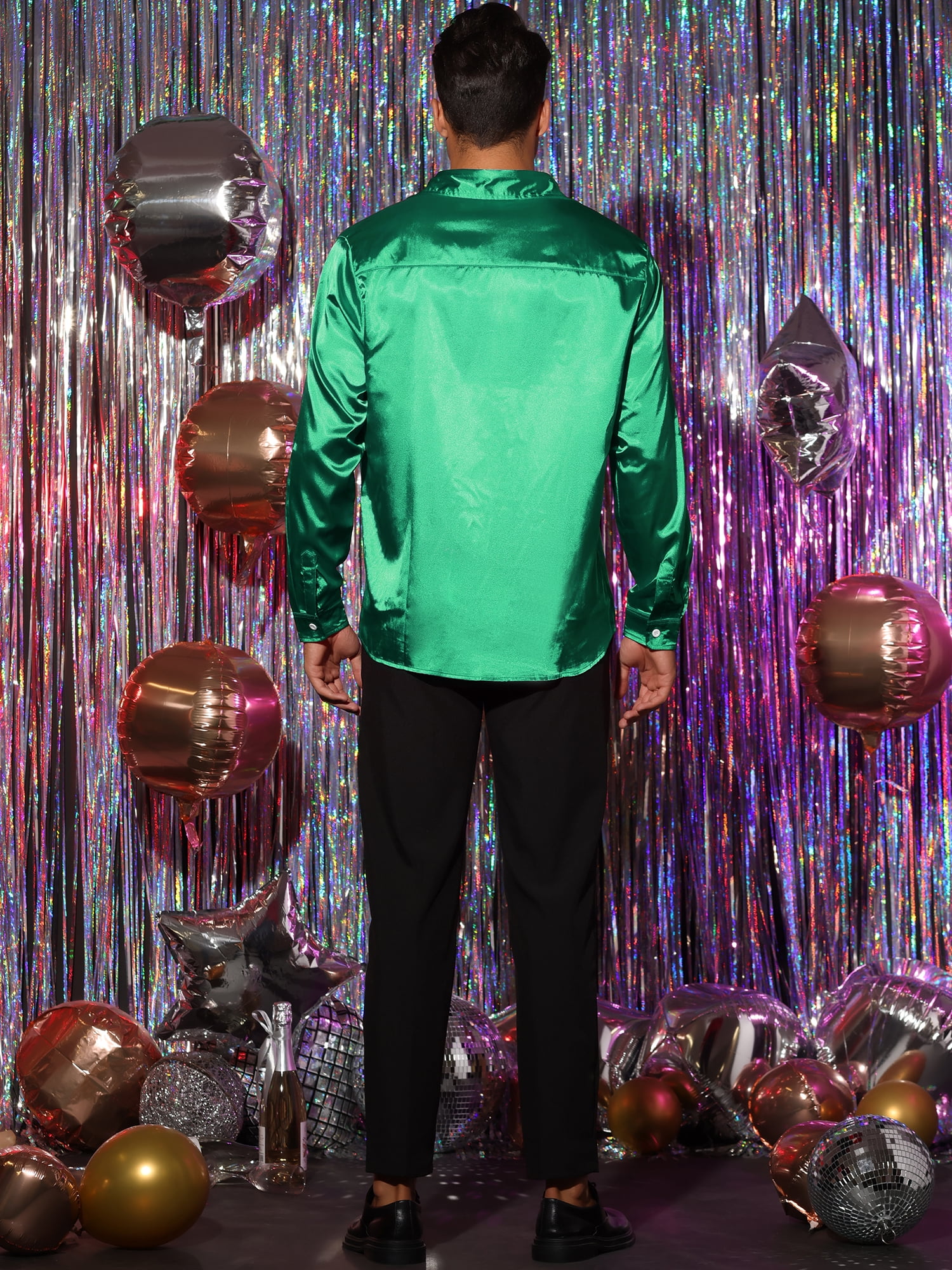 Unique Bargains Men's Satin V Neck Long Sleeves Button Down Prom Shirts 2XL Green