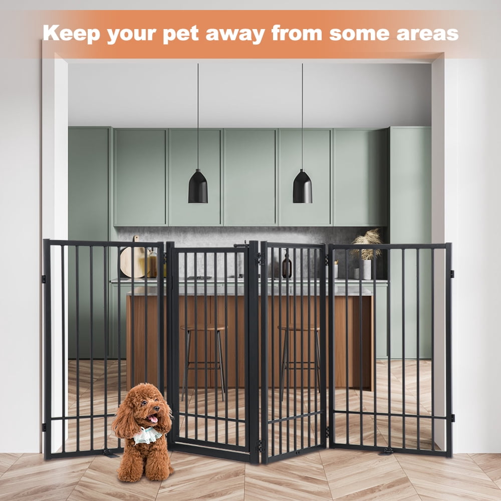 SMONTER Free Standing Dog Gate with Door Walk Through, 80.5'' Extra Wide Indoor Dog Fence, 31.5'' Height 4 Panels Foldable Metal Pet Puppy Gate for Stairs, Hallways, Doorway