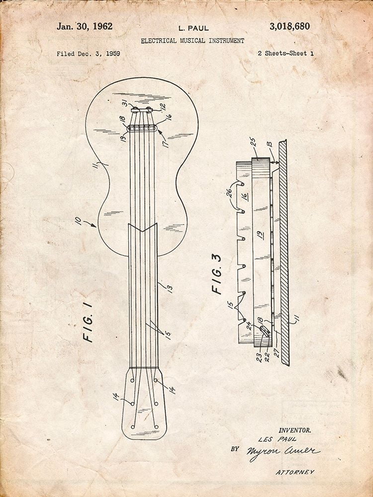 Borders, Cole 25x32 White Modern Wood Framed Museum Art Print Titled - PP140- Vintage Parchment Gibson Les Paul Guitar Patent Poster