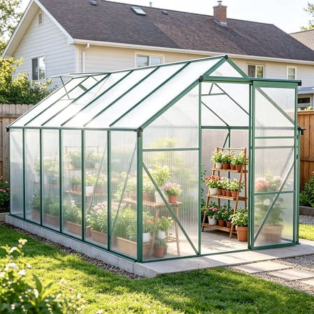 CarButler 6x12ft Polycarbonate Greenhouse Heavy Duty Walk-in Garden House with Sliding Door and Vent for Outdoor Garden Backyard Green