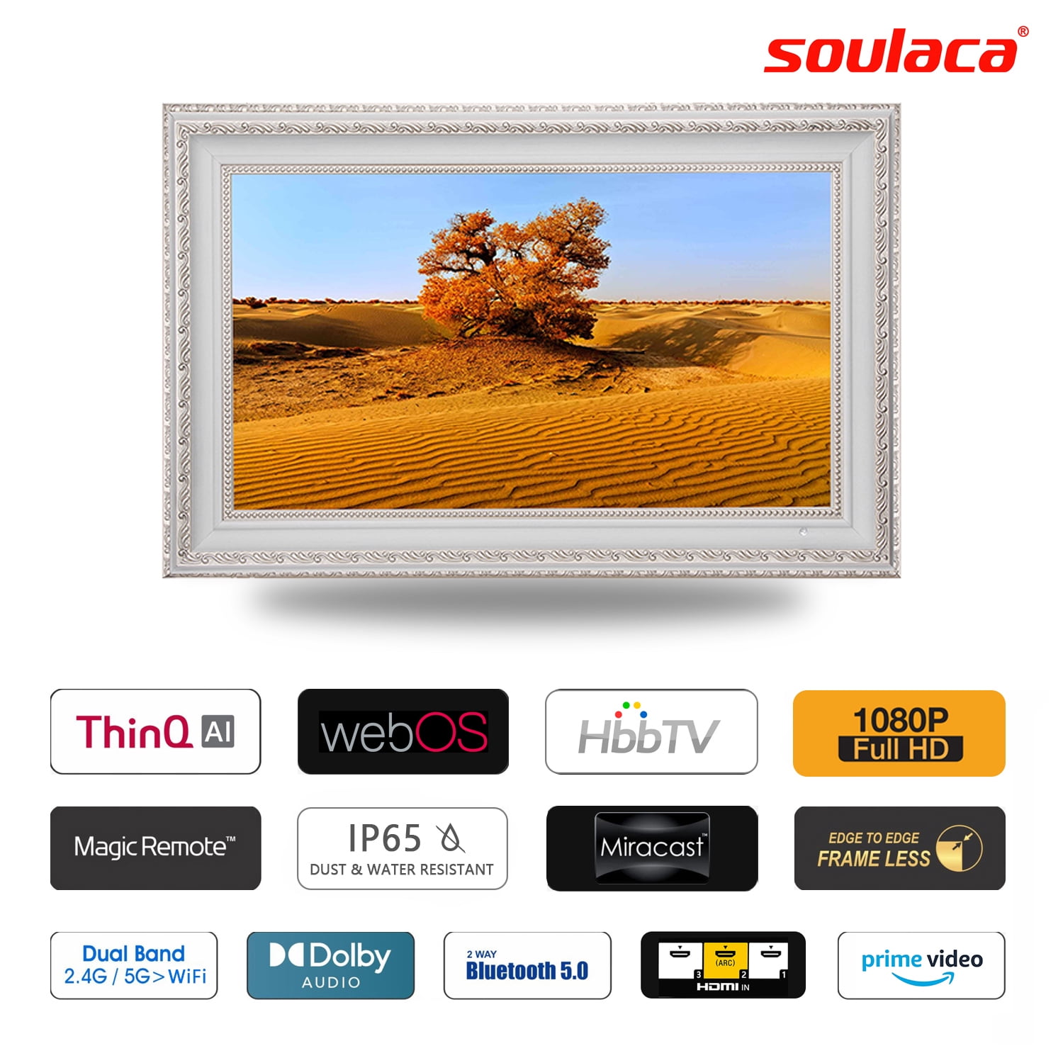 Soulaca 22 inches Smart Mirror webOS TV Antique White Decor Frame Built-in WiFi ATSC Waterproof TV Fireplace Dining Area Bathroom