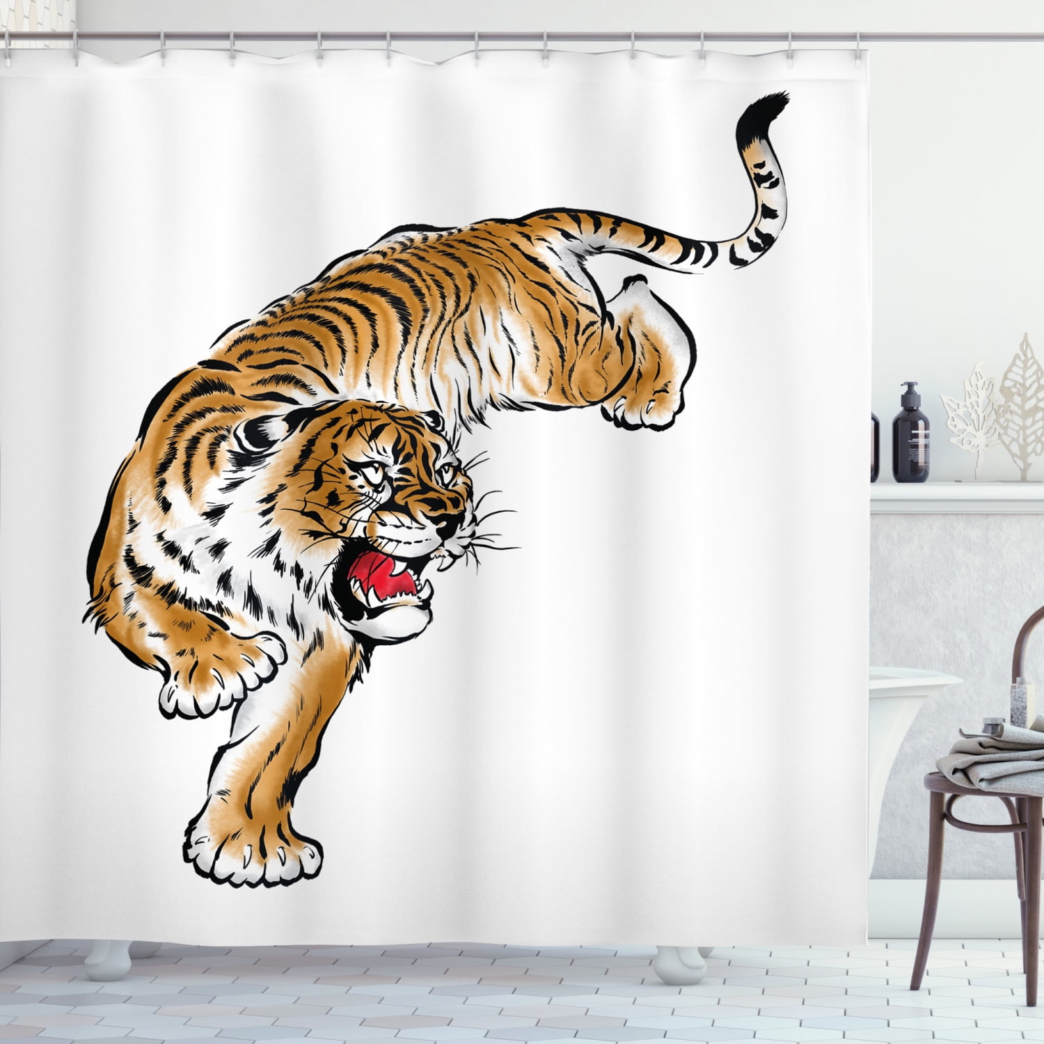 Details about   Tiger Shower Curtain Monochrome Feline Leaves Print for Bathroom 