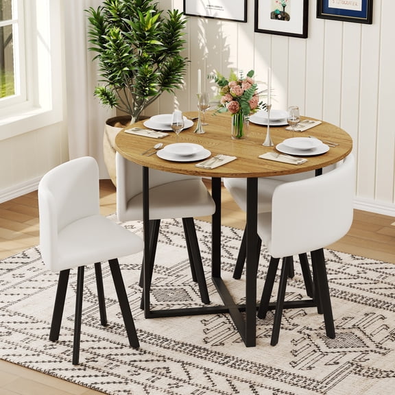 Dining Table Set for 4, Wood Table with 4 White PU Leather Chairs, Modern 5-Piece Round Dining Table Set for Small Space, Apartment