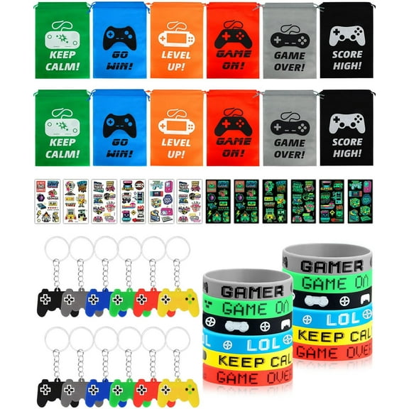 Video Game Party Bag Fillers, 48PCS Gaming Party Favours with Drawstring Bags, Silicone Bracelet, Keychain and Glow Temporary Tattoos, Video Game Birthday Party Supplies for Kids Boys Adult Gamer