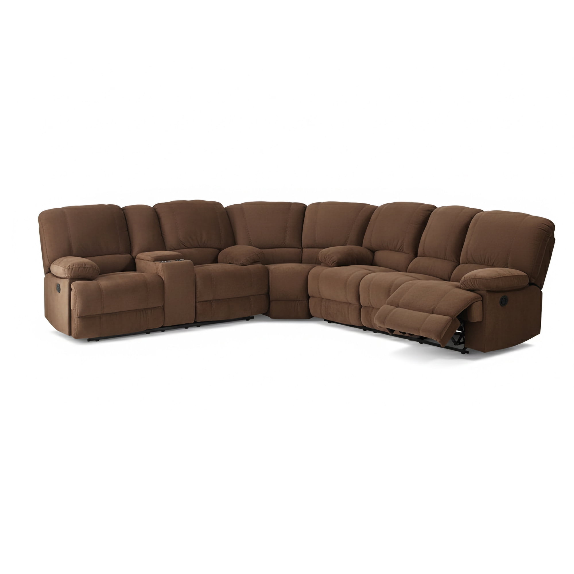 Kevin Collection Contemporary 3-Piece Upholstered Transitional Sectional Set with 4 Recliners, Storage Console, and Cup Holders, Brown