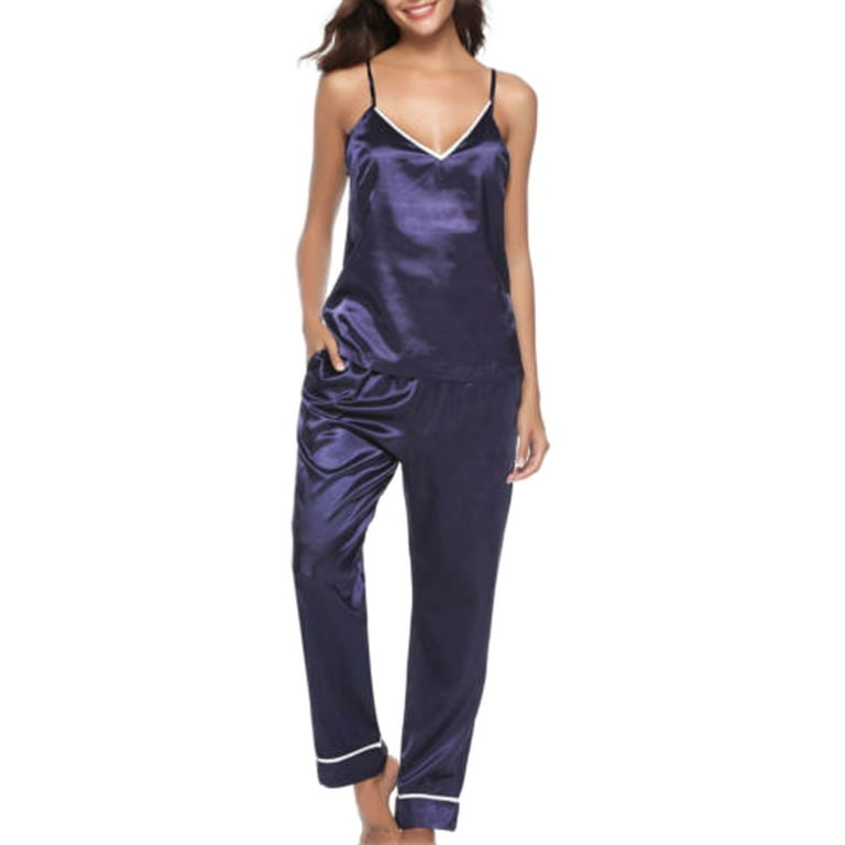 Spring hue Women Silk Satin Pajamas Set Sleeveless Tops Pants Sleepwear Nightwear