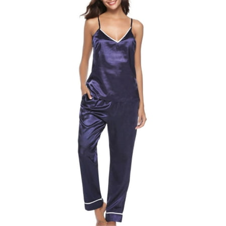 

Spring hue Women Silk Satin Pajamas Set Sleeveless Tops Pants Sleepwear Nightwear