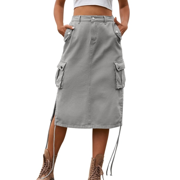 Falda midi con cordones de denim para mujer: informal, de longitud media, corte A, versátil para primavera/otoño