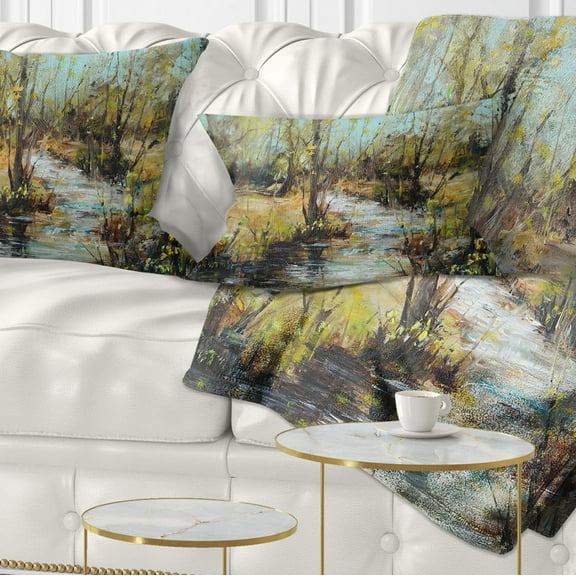 Designart Creek and Woods Oil Painting - Landscape Painting Throw Pillow - 12x20