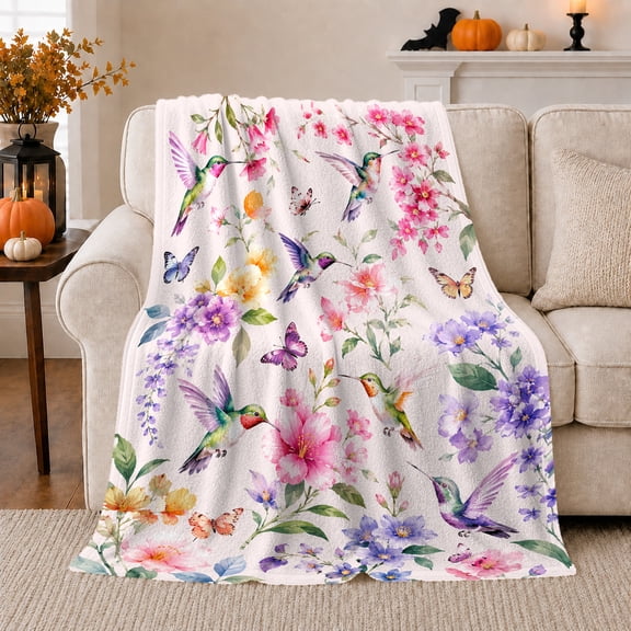 Hummingbirds Among Colorful Garden Flowers, Cozy Flannel Blanket for Bird Enthusiasts, Airy Botanical Watercolor Illustration Home Decor for Living Room and Bedroom, Mother's Day Gift