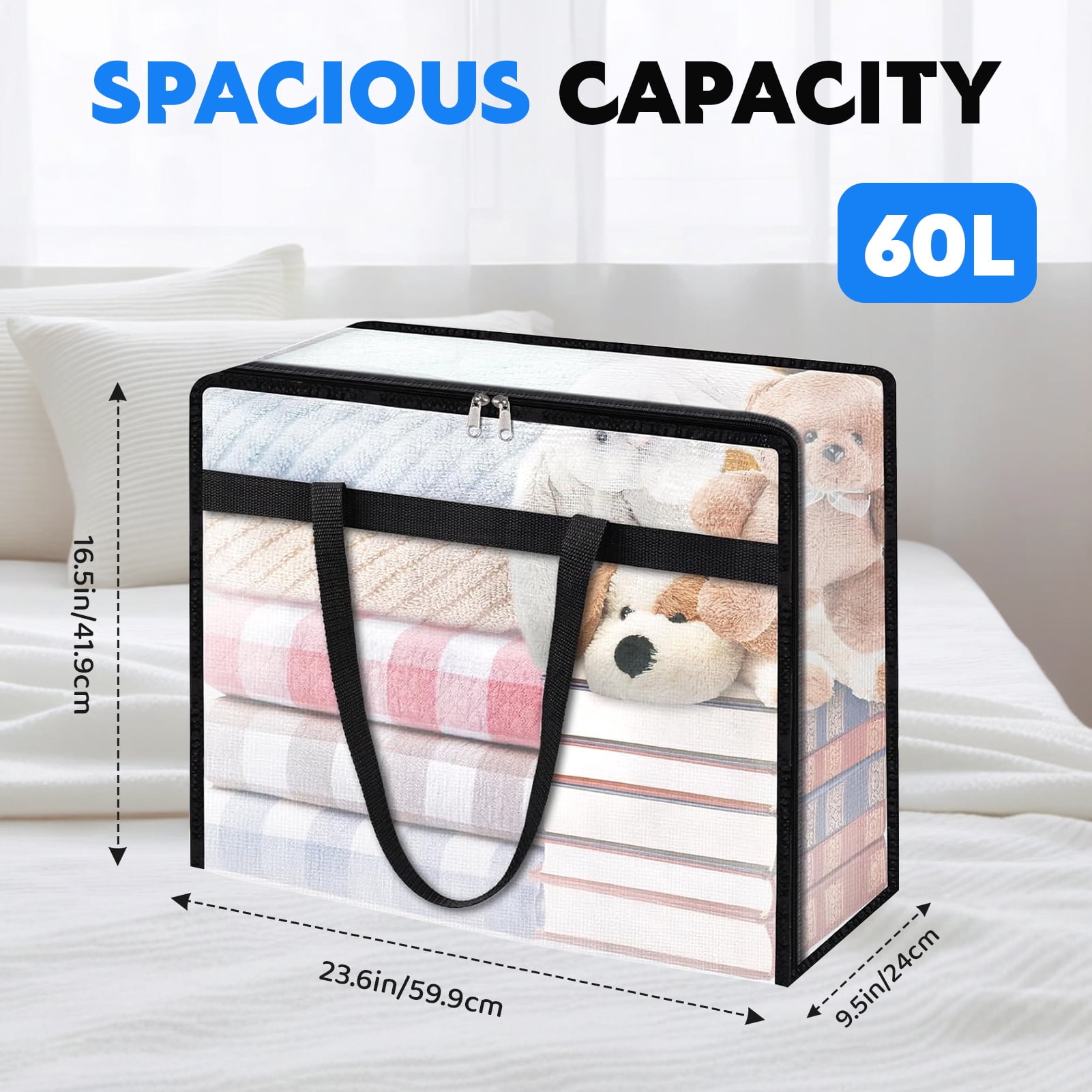 Godance 4 Pack Clear Clothes Storage Bags, 60L Plastic Blanket Storage Bags, Vinyl Foldable Moving Bags with Zipper, Closet Organizers and Storage Containers for Bedding, Comforters, Clothing, Toys