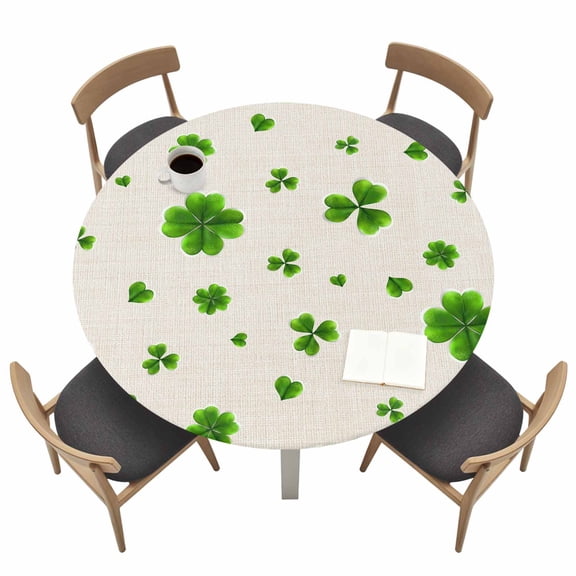 St. Patrick's Day Fitted Tablecloth with Elastic Edged, Round Table Cloth for Dining Table, Spring Green Lucky Shamrock Vintage Beige Waterproof Oil Proof Table Cover for Indoor Outdoor 36"-44"