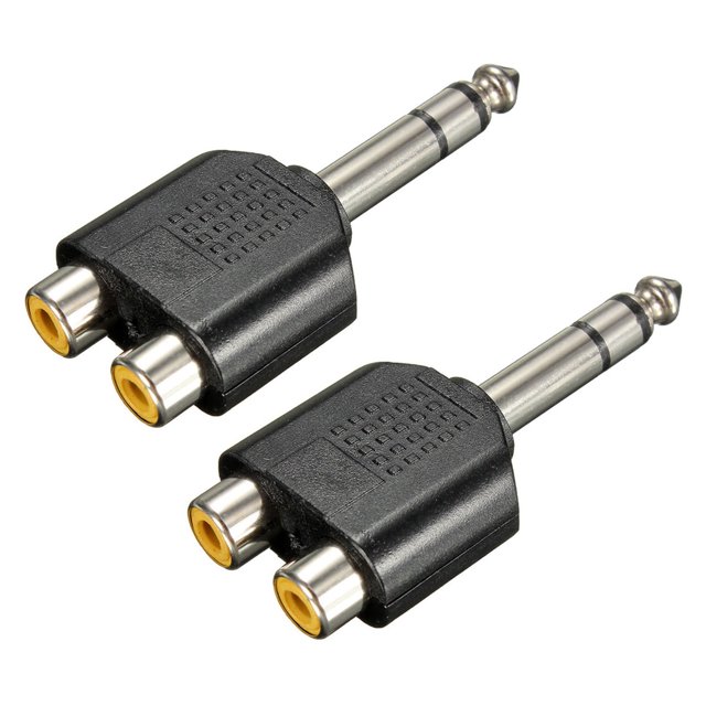 Adaptador y convertidor de audio divisor en Y de 2 conectores estéreo macho de 6,35 mm y 1/4 de pulgada a 2 conectores RCA hembra dobles.