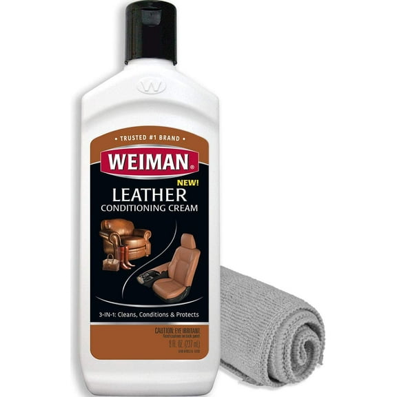 Weiman 3 in 1 Deep Leather Conditioner Cream - 8 fl oz (Plus Microfiber Cloth) - Restores Leather Surfaces - Use on Leather Furniture, Car Seats, Shoes, Bags, Jackets, Saddles
