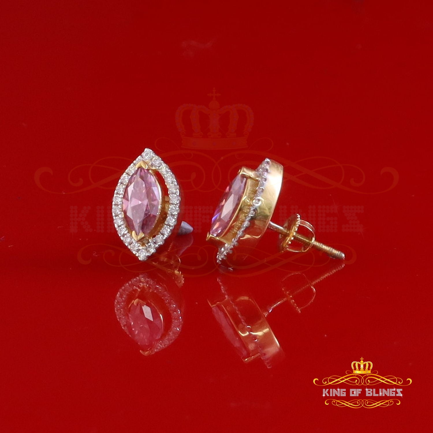 King of Bling's 1.25CT VVS 'D' Pink Moissanite Men's/Women 925 Yellow Silver Stud Earrings