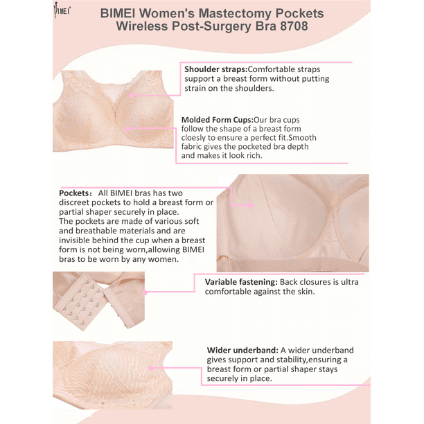 BIMEI Mastectomy Bra with Pockets for Breast Prosthesis Women Everyday Lace  Bra 8708,Beige,42B 