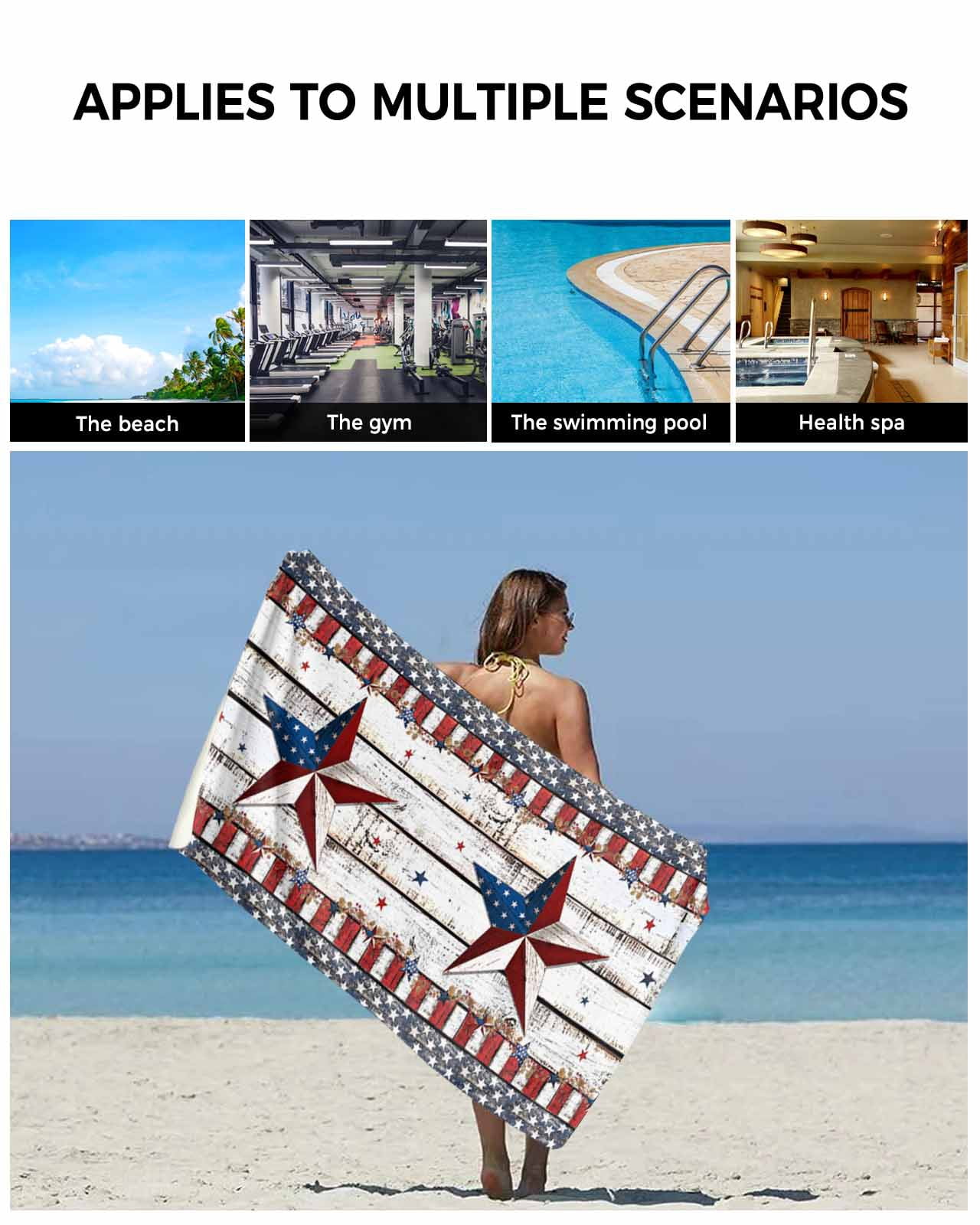 4th of July Star Towel Set of 3, Soft Microfiber Bath Towels, Hand Towel, Washcloths, Independence Day American Flag Quick-Dry Absorbent Towels for Bathroom Kitchen Hotel Beach Gym Spa