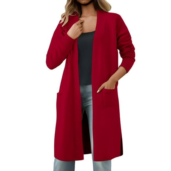 Arlun Knit Long Cardigan Sweaters for Women Soft Lightweight Open Front Comfort Outerwear Coat Trendy Elegan Solid Color Simple Stylish Fall Winter Long Sleeve Cardigans Red One Size