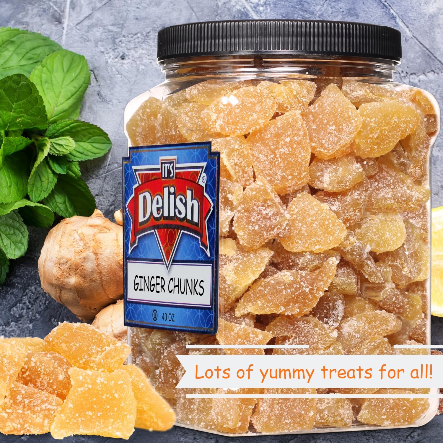 Crystallized Ginger Chunks by It's Delish, 2.5 Lb Jumbo Reusable Container  Candied Dried Ginger Fruit Chews Natural Candy, Ginger Root with Sugar Crystals, Unsulphured - Healthy Snack, Vegan, Kosher