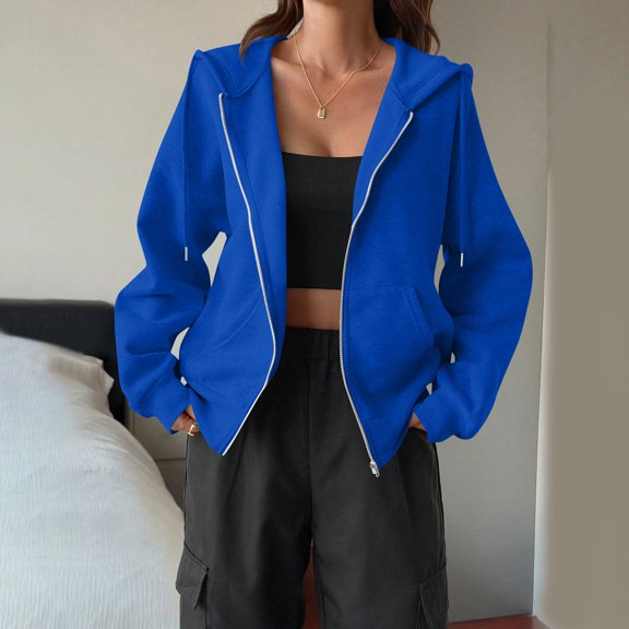 Zip Up Hoodie Women Oversized Lightweight Sweatshirts Plus Size, Plain, Long Sleeve, Drawstring, Full Zipper with Pockets, Casual Fashion Fall Winter Jackets Blue L
