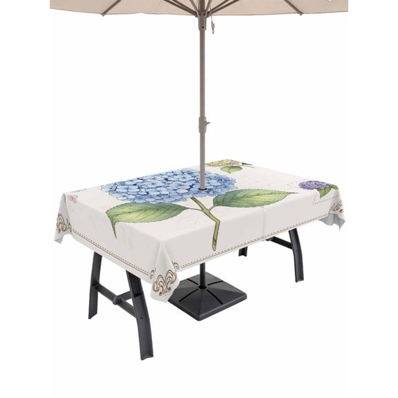 Outdoor Tablecloth with Umbrella Hole, Blue Hydrangea Floral Spillproof Waterproof Outdoor Table Cover, Farmhouse Flowers Blossom Patio Tablecloths for Party Picnic Camping, Rectangle 54"x80"