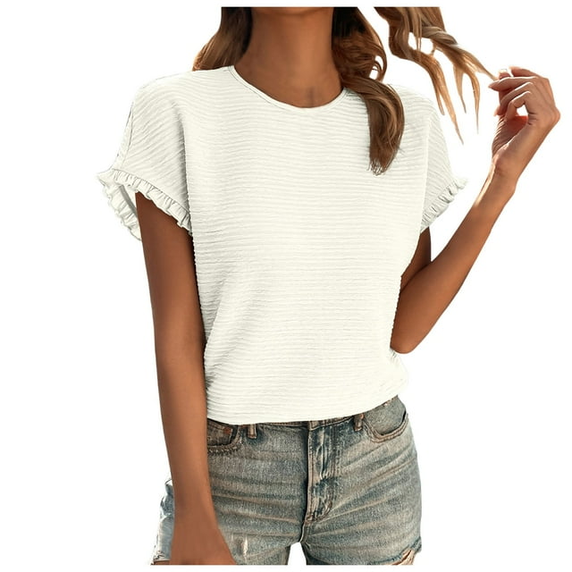 WEIYLL T-Shirt Women Textured Summer Ruffle Short Sleeve Solid White Tee Sizes S