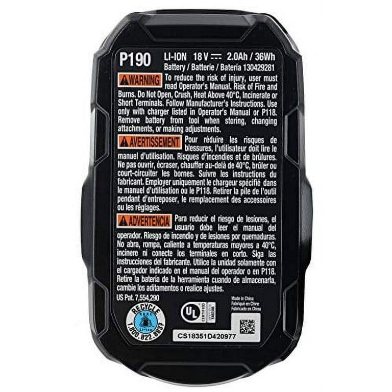 Ryobi P190 2.0 Amp Hour Compact 18V Lithium Ion Battery w Cold Weather Performance and Charger Not Included Battery Only