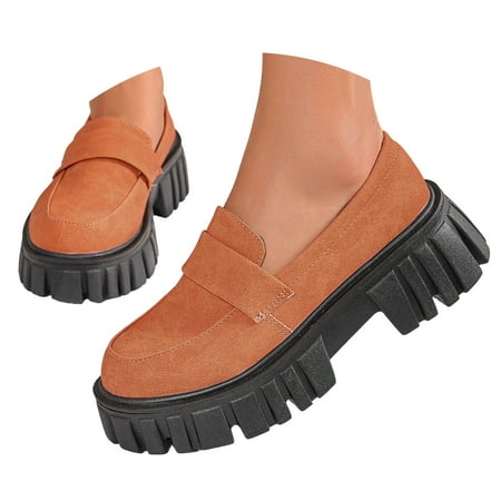 Dakaela Women s Platform Loafers Chunky Heeled Business Casual Shoes Formal Slip on Flats Orange 7