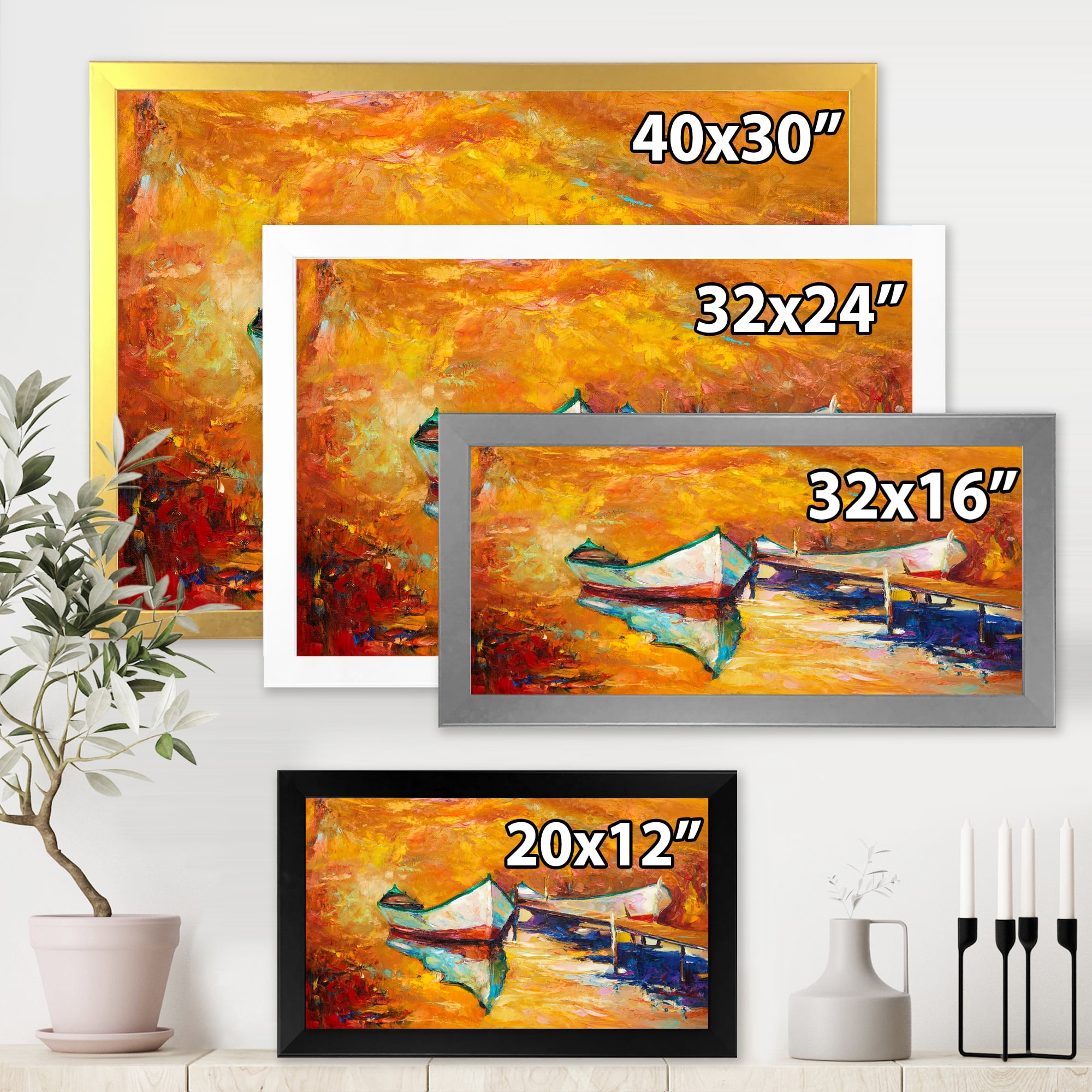Little Boat During Warm and Orange Evening 32 in x 24 in Framed Painting Canvas Art Print, by Designart