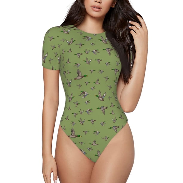 Balery Mallard Duck Body de cuello redondo de manga corta para mujer Tops de manga corta Tops básicos-Medium