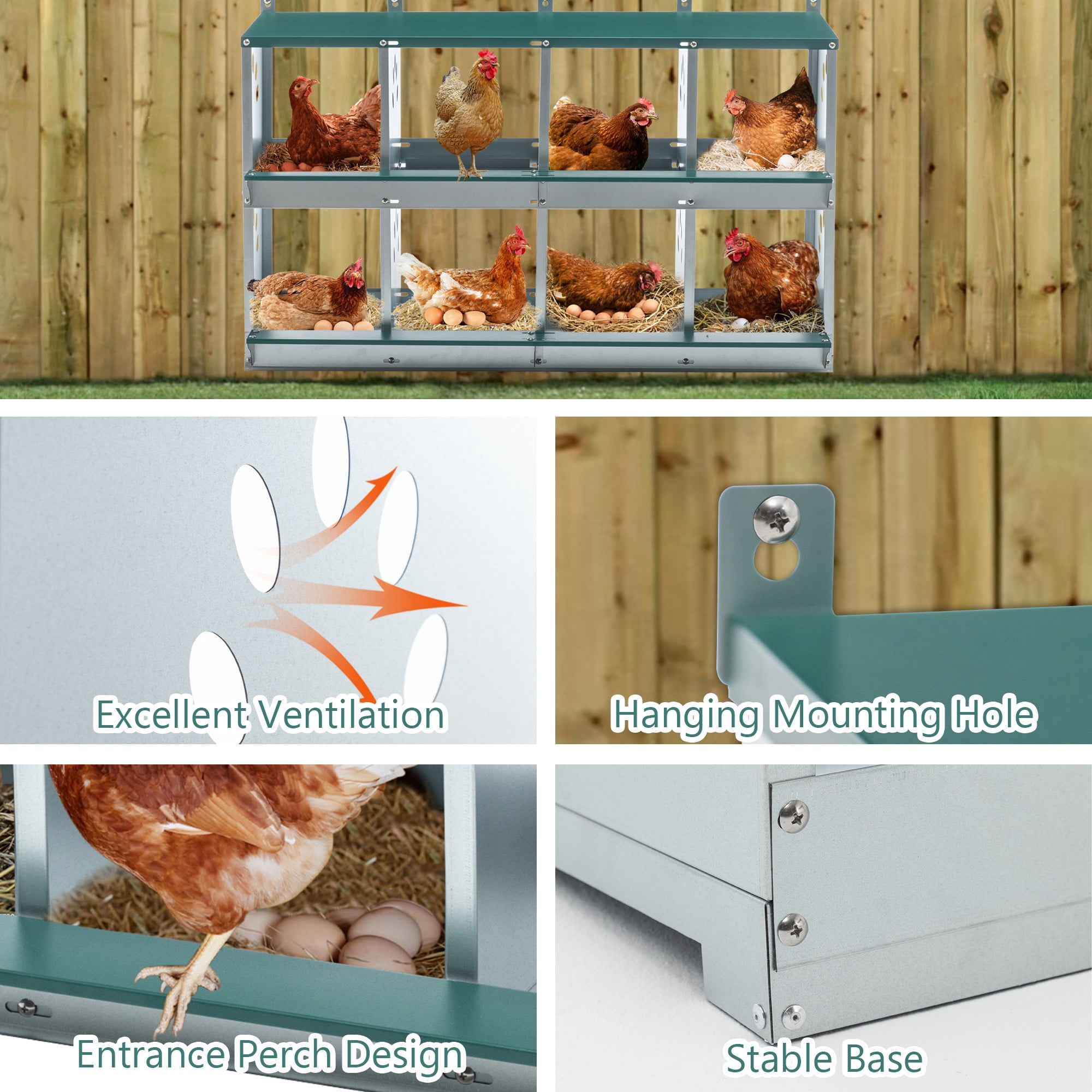 Leumius Nesting Boxes for Chickens,8-Hole Chicken Nesting Boxes Wall Mount,Large Vented Holes Chicken Coop Box for Outdoor Chicken Coop Farm Yard,Green