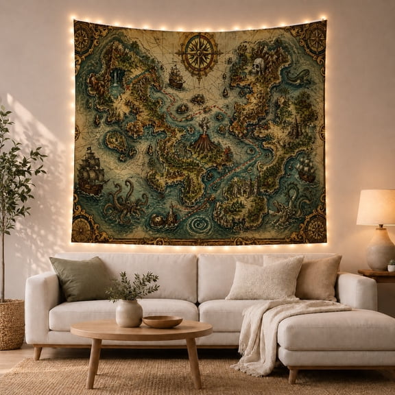 Fantasy Archipelago Map with Volcano, Adventurous Vintage Style for Map Lovers, Antique Map Decor, Housewarming Gift, Tapestry Wall Hanging for Study Room and Office