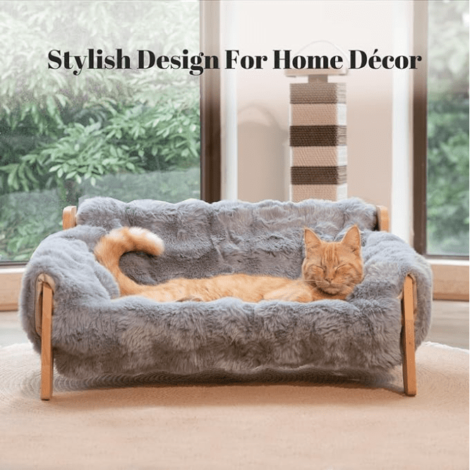 CheerPals Elevated Cat Couch Bed for Indoor, Wooden Cats Sofa with Fluffy Cover Raised Kitty Lounge Chair Suitable for Puppy(Grey)