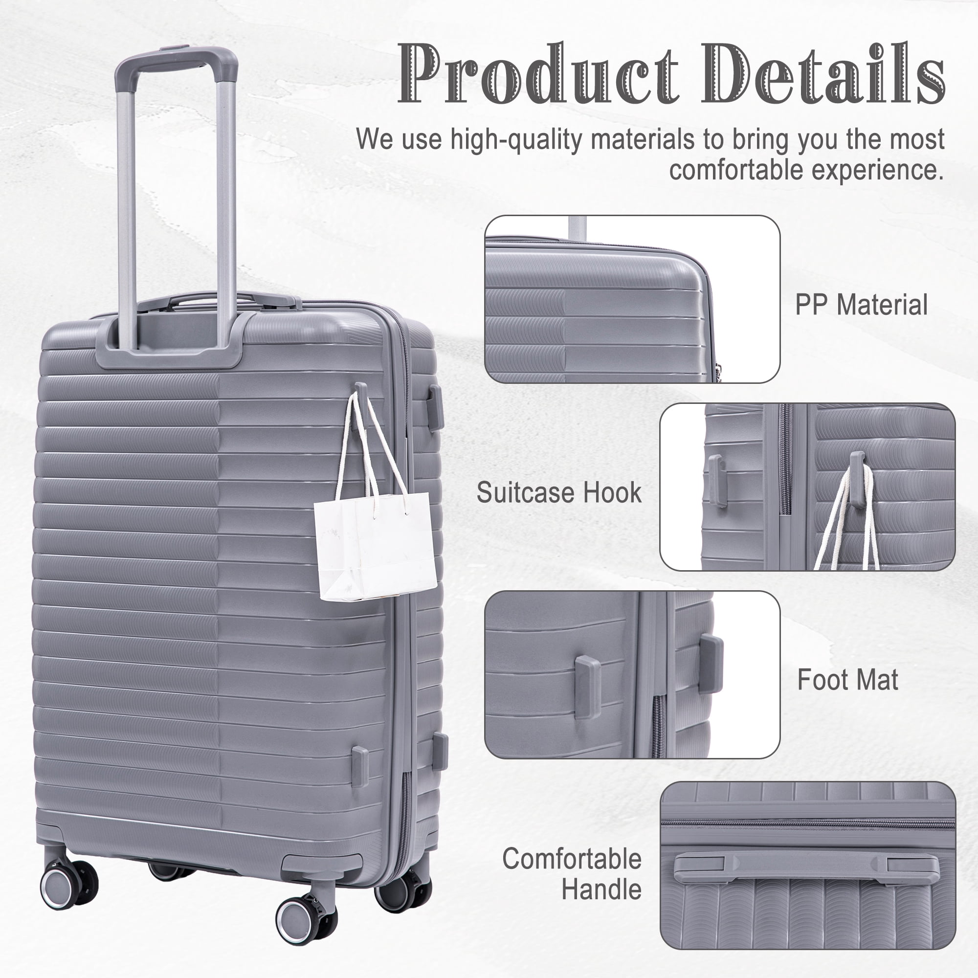 Alvantor 4 Pcs Hardside Luggage Set with Spinner Wheel, Lightweight Suitcase Set Light Gray
