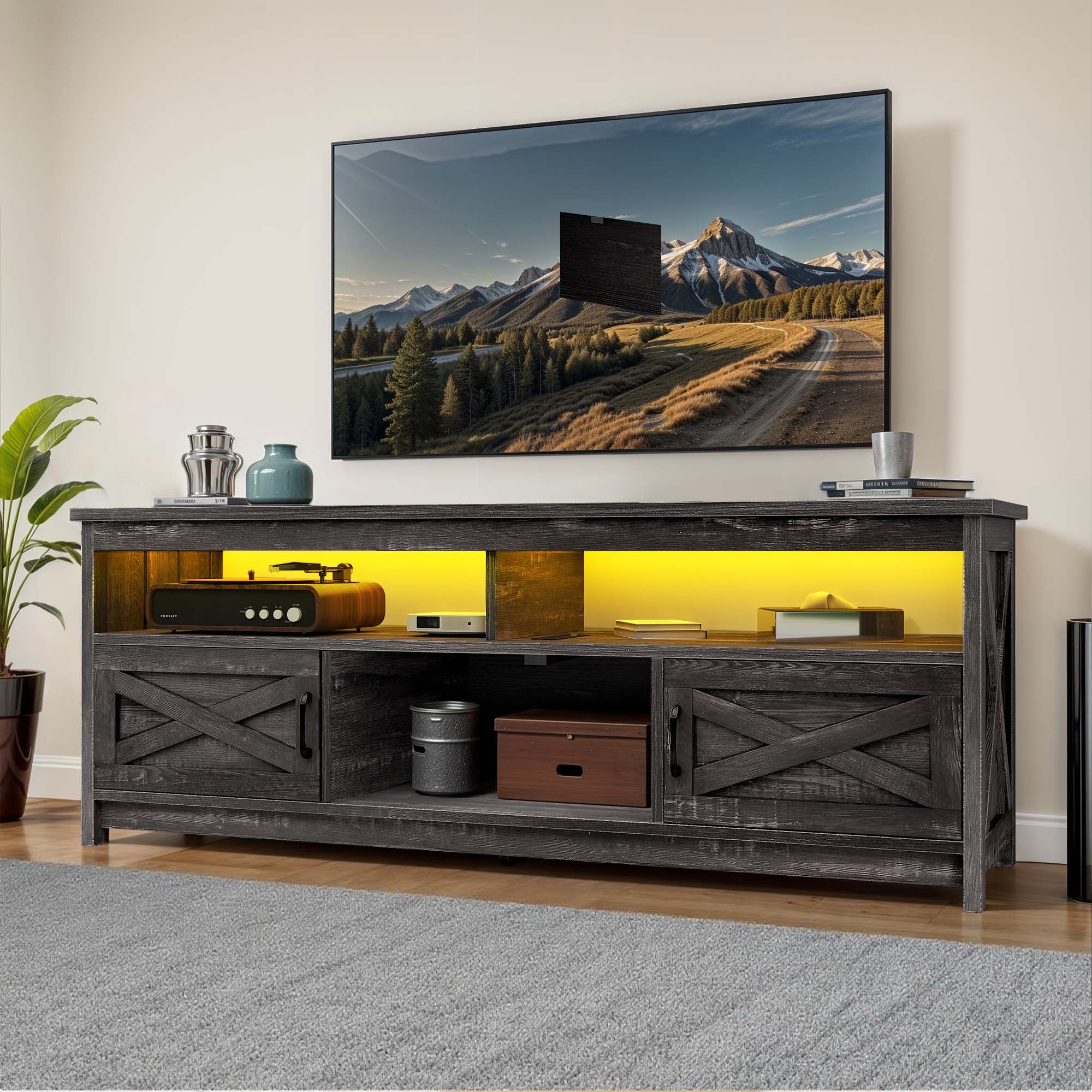 Uforic 65 Inch Farmhouse TV Stand Fits 70/75 Inch Flat Screen TV with RGB Ambient Light, Cable Holes, Built-in Power Station & Multi Storage Space for Living Room, Dark Grey