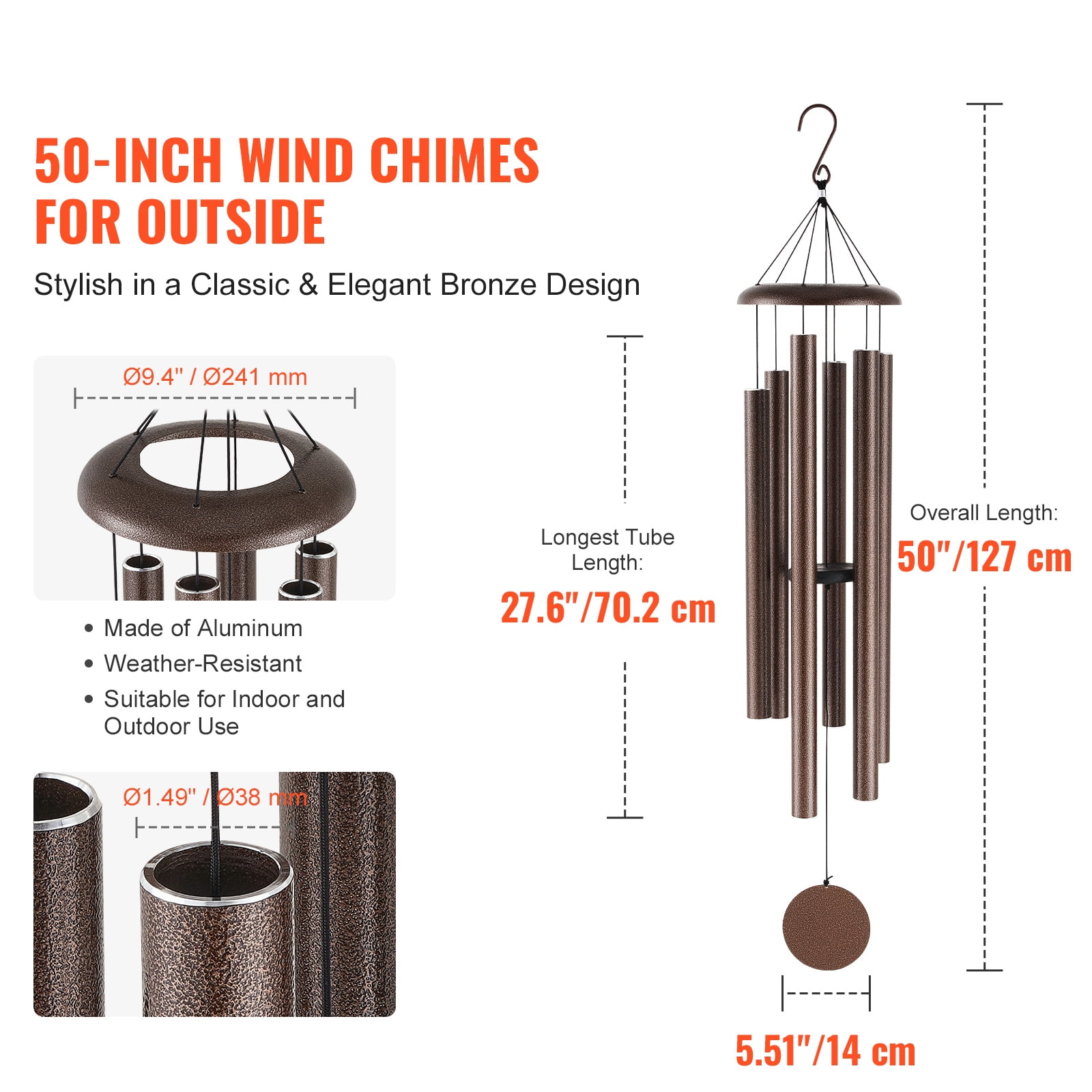 KFFKFF Outdoor Wind Chimes, 50", Richly Toned Wind Chimes with 6 Tubes, Distinctive Large Commemorative Wind Chimes for Anniversary, Remarkable Exterior Adornment for Your Patio,Backyard, Copper Vein