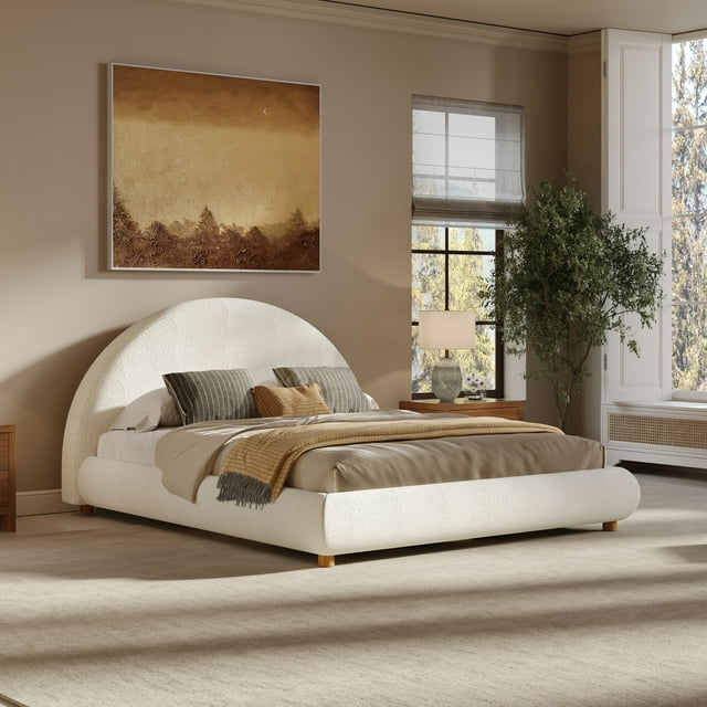 Noble House Lit Plateforme Bouclé Grand Size, Tête de Lit Ronde Courbée, Cadre Bas, Blanc