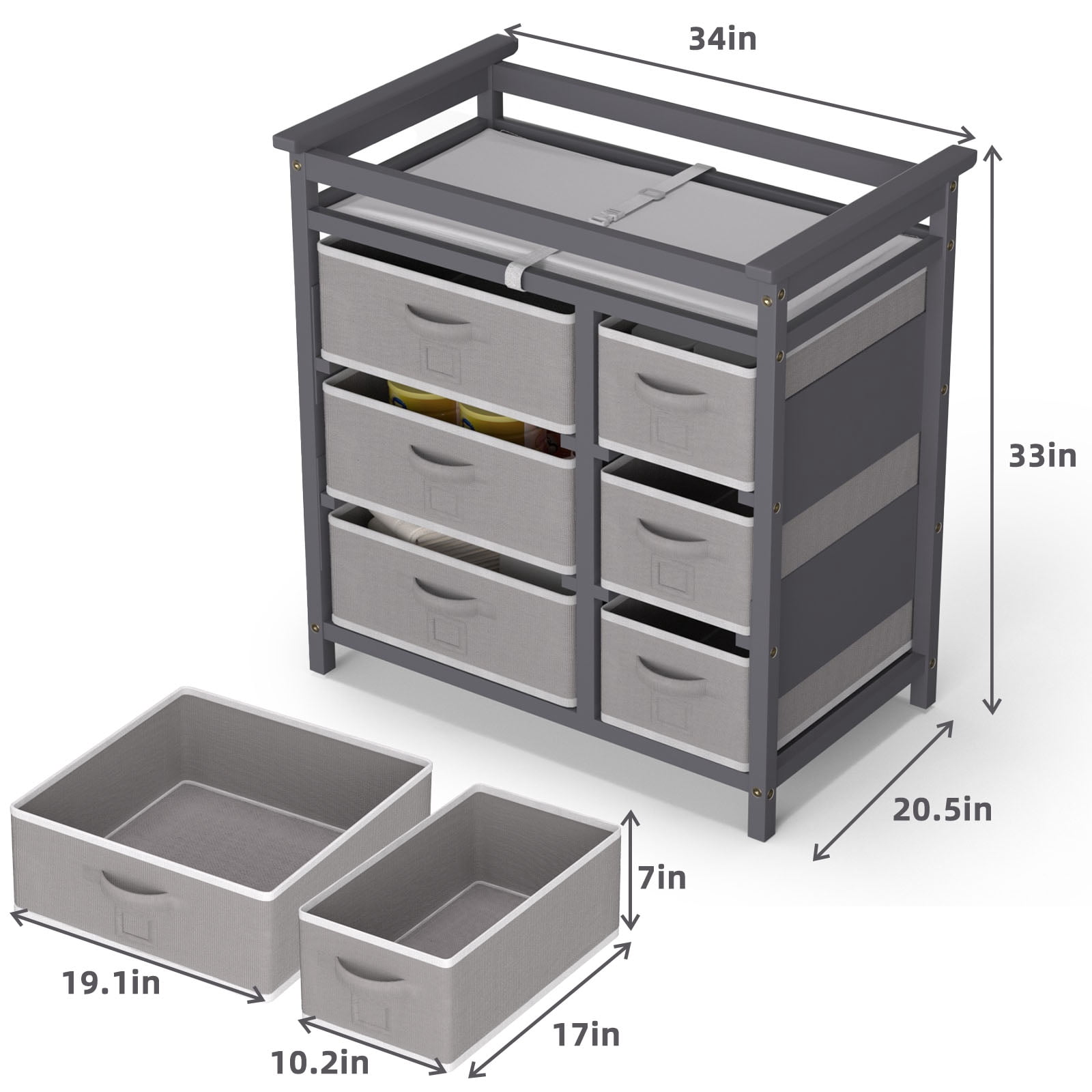 Glaf Baby Changing Table Dresser with 6 Storage Drawers and Pad, Diaper Changing Station Multifunctional Nursery Changing Table for Newborn Baby and Infant