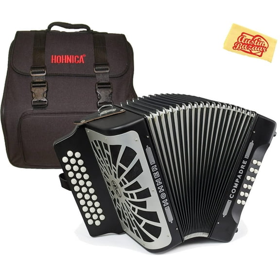 Hohner Compadre FBbEb 3-Row Diatonic Accordion Bundle with Gig Bag and Austin Bazaar Polishing Cloth - Black