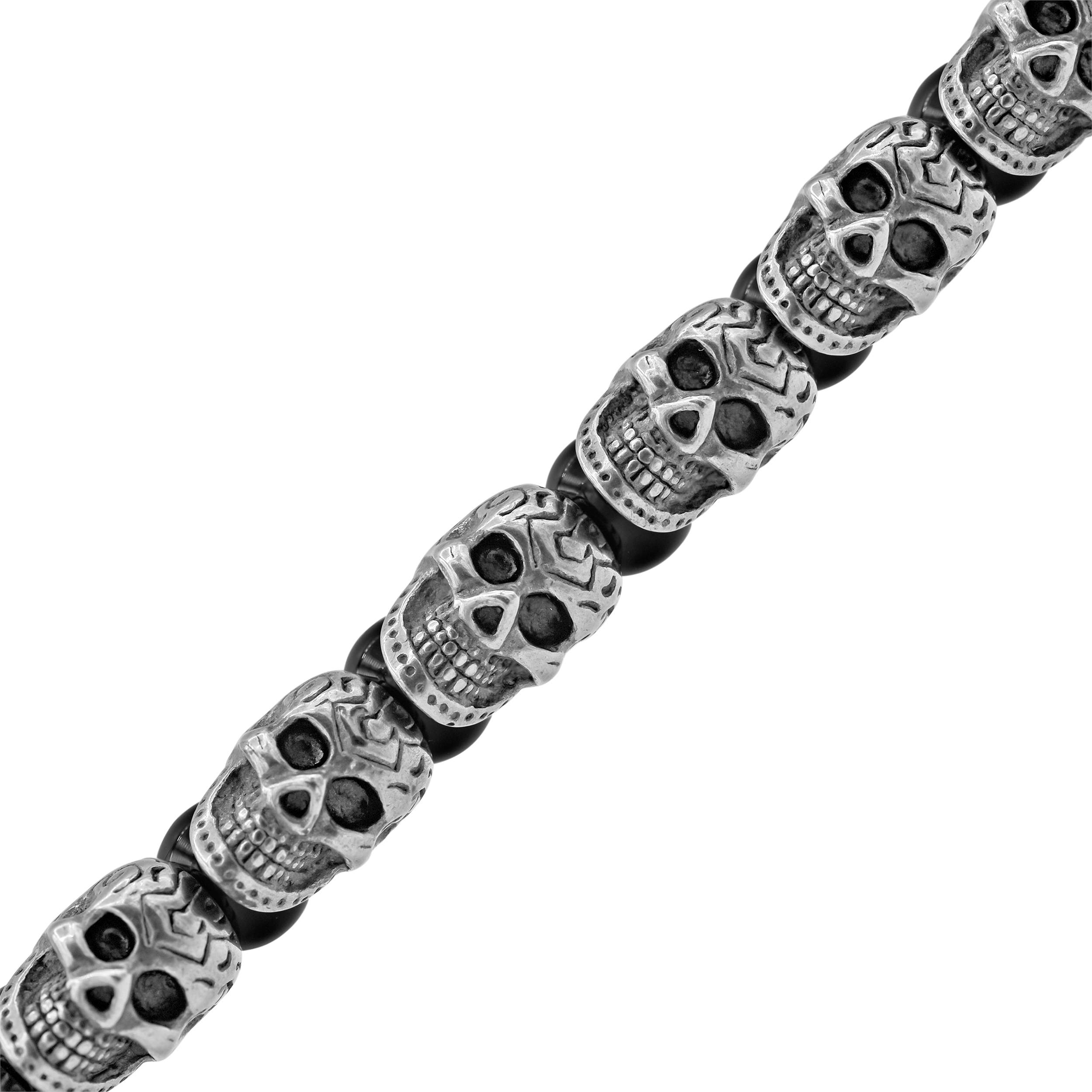Mens Genuine Onyx Stainless Steel Skull Beaded Bracelet