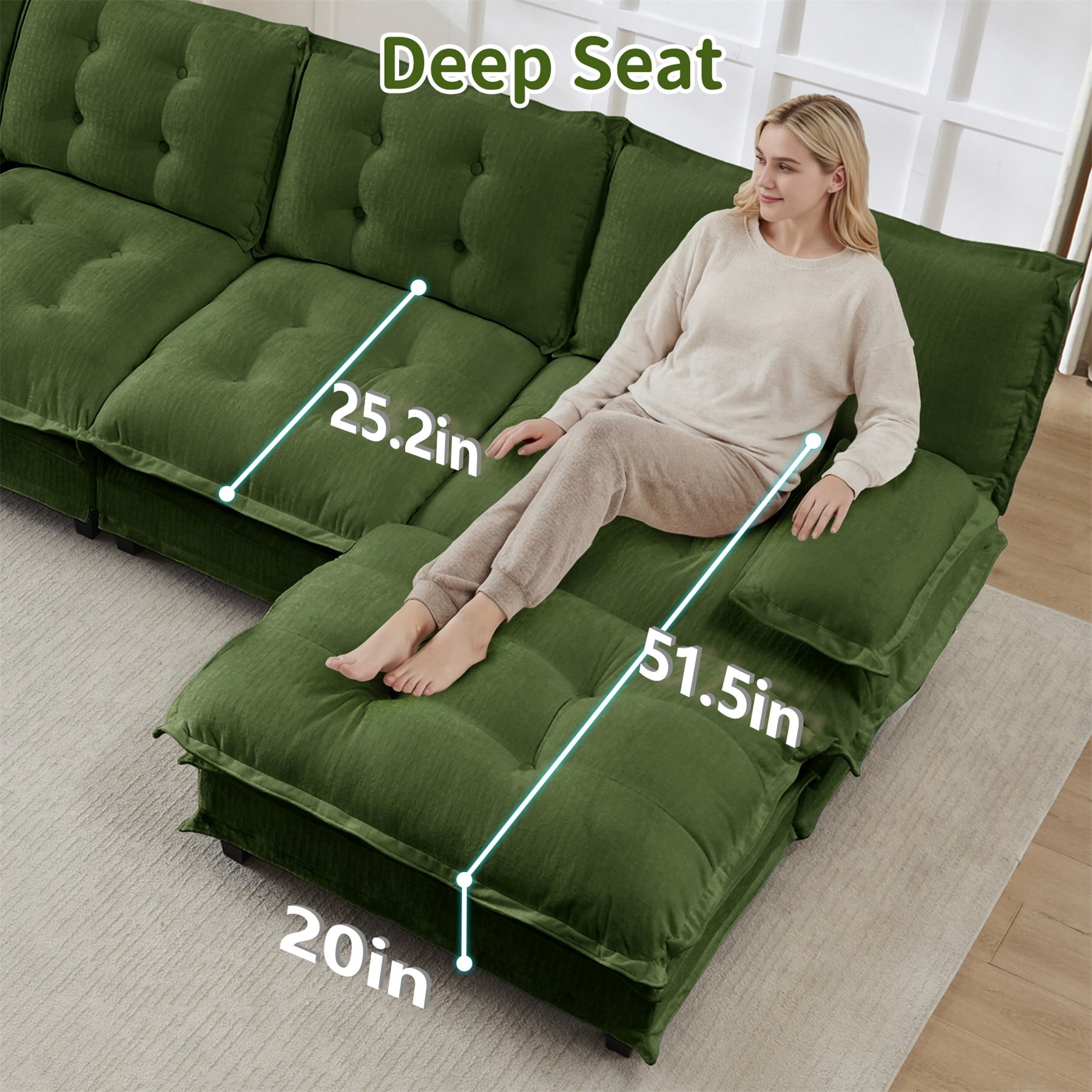 Alvantor U-Shaped Sectional Sofa 3-Seater Cloud Couch for Living Room, Easy Assembly Green