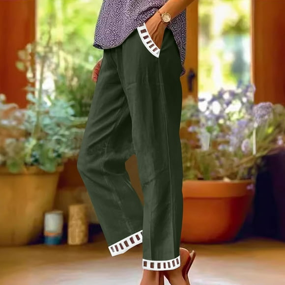 Weiqiqre Linen Pants Women High Waist Drawstring Cinch Bottom with Button Cotton Loose Casual Trouser with Pockets