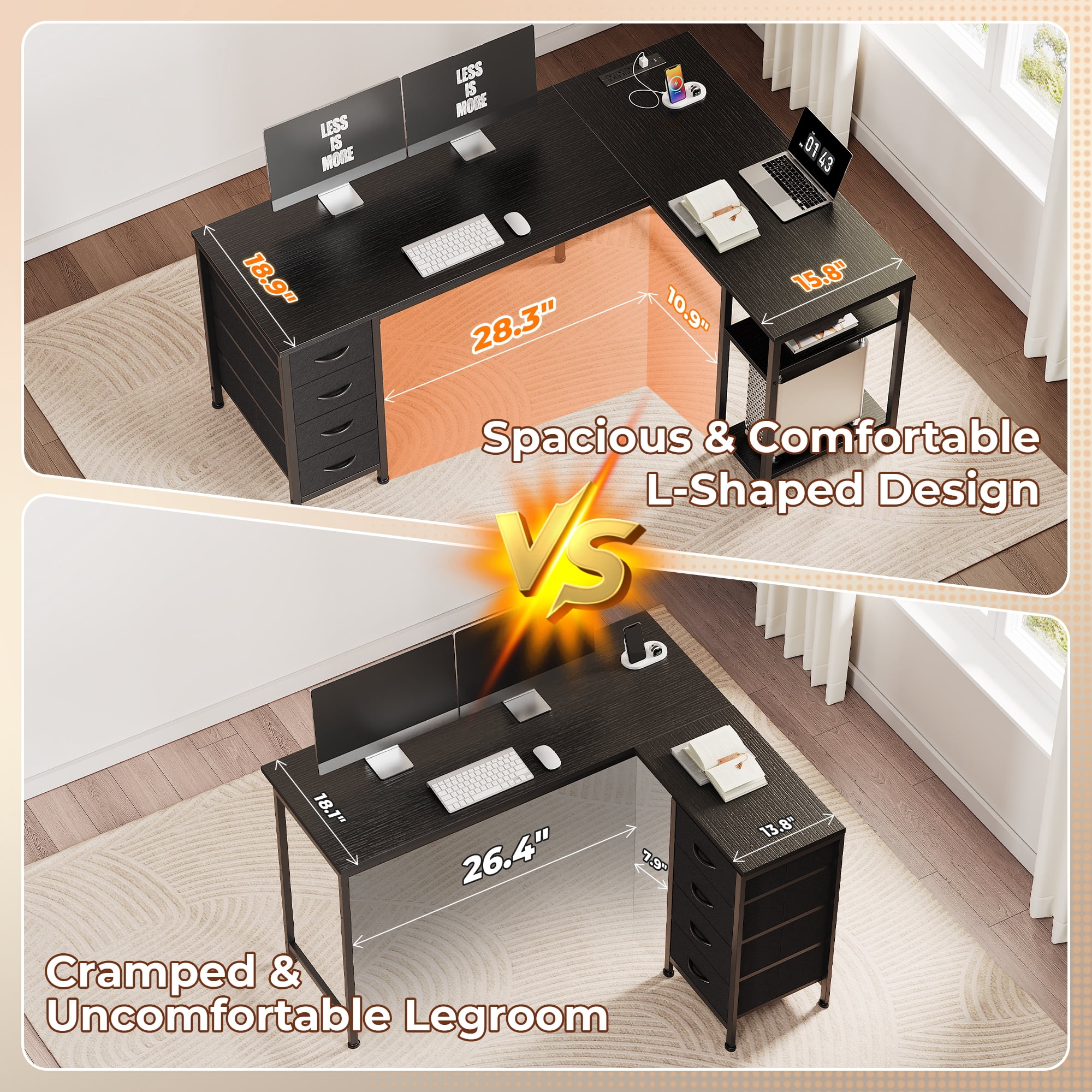 55 Inch L-Shaped Desk with Fabric Drawers, Reversible Home Office & Gaming Desk with Power Outlets, USB-C, and Adjustable Storage Shelves